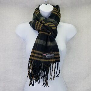 100% Cashmere Scotland Winter Scarf Black Brown Grey Plaid Fringe Soft Fuzzy